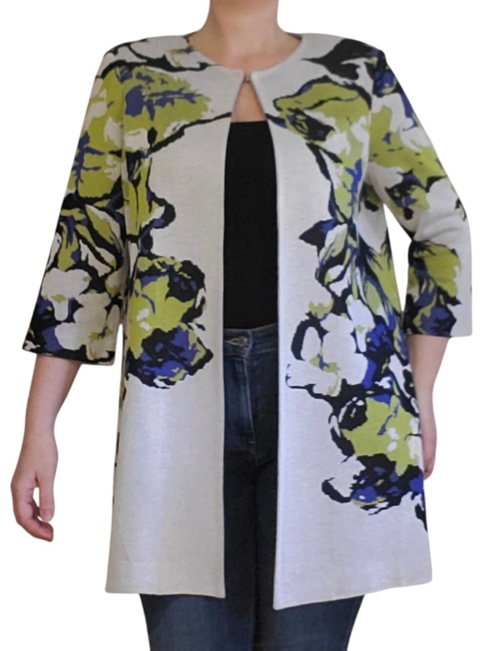 Misook Floral Jacquard Flat Knit Jacket Topper Coat Blue Green Large